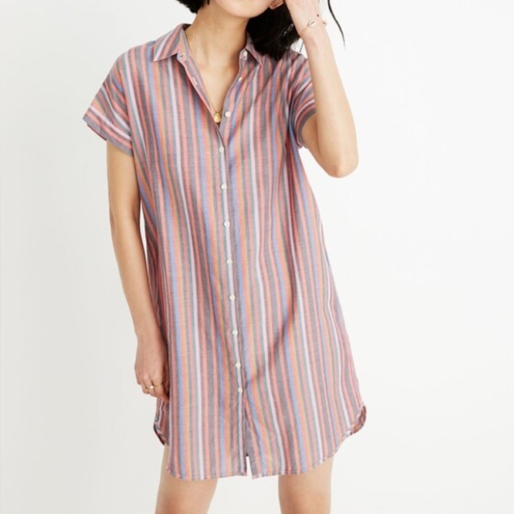 💖Madewell Central Cotton Short Sleeve Shirtdress in Rainbow Stripe